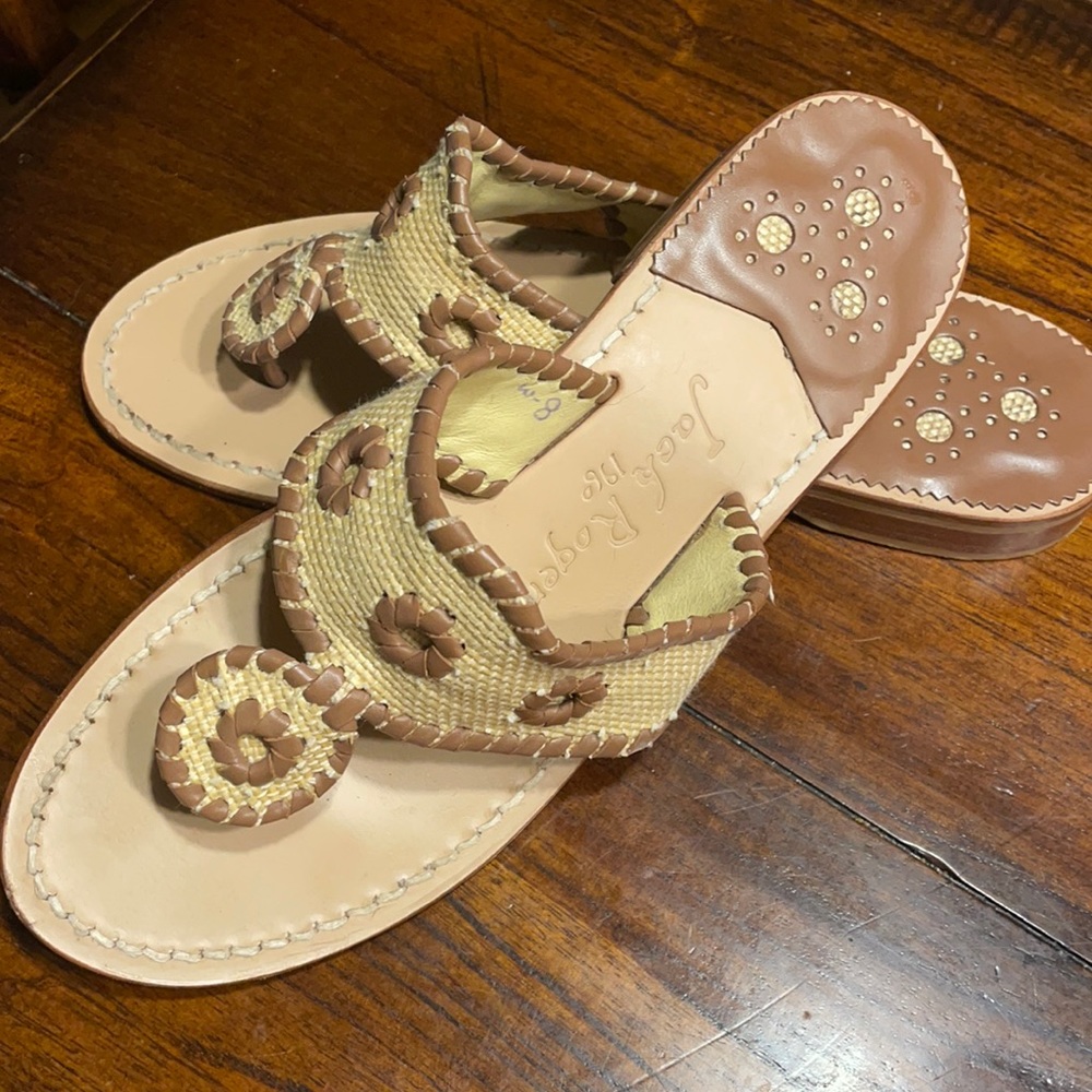 Jack Rogers Straw & Brown Flat Sandals Size 8m EUC